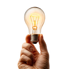 Hand holding glowing lightbulb isolated on white background.