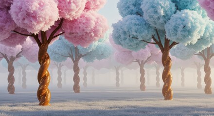 An orchard where trees grow puffy, spun-sugar cotton candy fruits in pastel pink and blue. The trunks are made of twisted pretzel, and the ground is covered in a fine layer of powdered sugar.