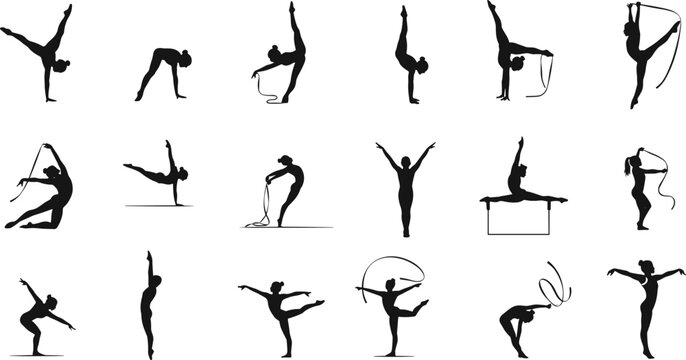 Gymnast silhouette vector, rhythmic gymnastics poses, female athlete movement, ribbon dance illustration, artistic gymnastic performance, balance strength flexibility clipart