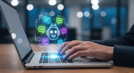 Businesswoman using chatbot on laptop for customer support and service