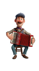 Animated man playing the accordion, seated on a chair, wearing vintage clothing.