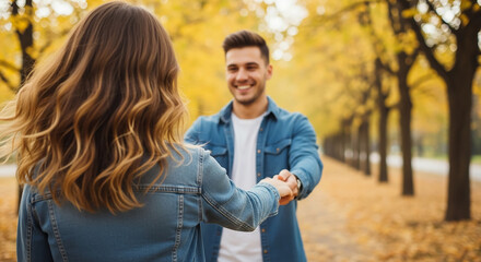 Happy couple holding hands and walking in autumn park