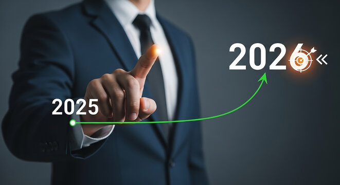 Businessman planning growth for 2026 with increasing arrow and target