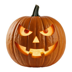A carved halloween pumpkin with a scary face, glowing from within, isolated on a transparent background
