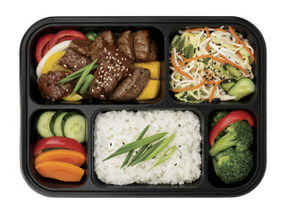 Healthy bento box lunch with grilled meat, rice, salad, and vegetables, isolated on transparent background