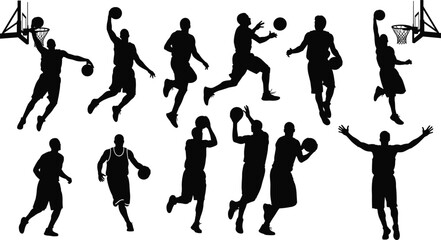 Silhouettes of basketball players in action, dunking, shooting, dribbling, running, passing, jumping, basketball game, athletic players, basketball court, sports movement