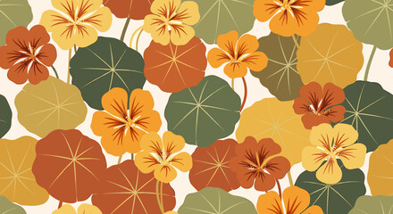 A vibrant pattern of nasturtium flowers and circular leaves in shades of orange, yellow, and green against a light background.