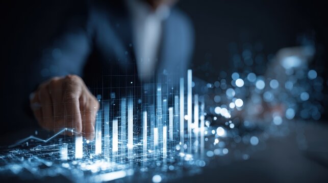 Ai Businessman working with modern interface Business analytics Big data technology and data science. Data flow concept.Business computing digital composite.