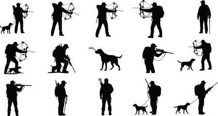 Silhouettes of hunters with bows, rifles, hunting dogs, archery, hunting gear, wildlife hunting, outdoor adventure, forest hunting, hunting with dog, aiming 