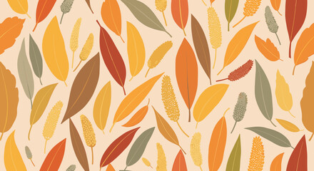 Autumnal leaf and seed pod pattern, warm-toned, seamless design.
