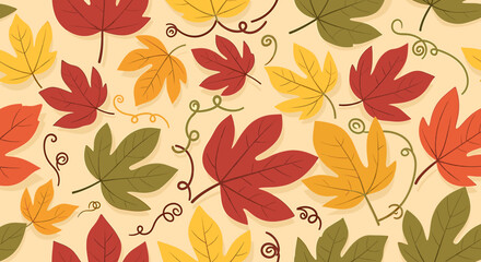 Autumn leaves in various colors (red, orange, yellow, green) scattered with curly vines on a beige background.