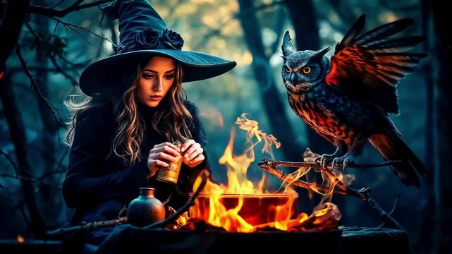 Halloween. Beautiful young very attractive witch brews a magic potion in a fairy forest.