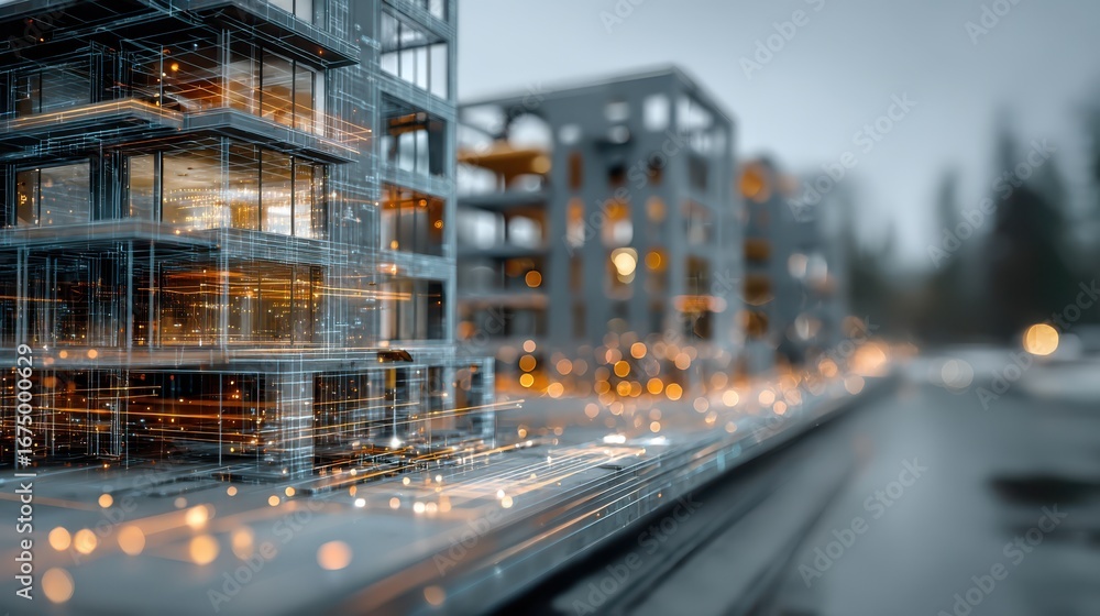 Poster a futuristic cityscape with glowing structures and digital elements, showcasing a blend of architect