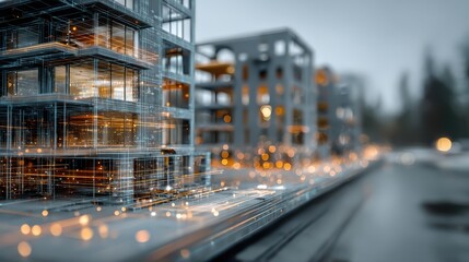 A futuristic cityscape with glowing structures and digital elements, showcasing a blend of architecture and technology.