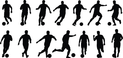 Soccer player silhouettes dribbling, passing, and running with football, dynamic sports poses, black shapes isolated on white background, athletic motion.