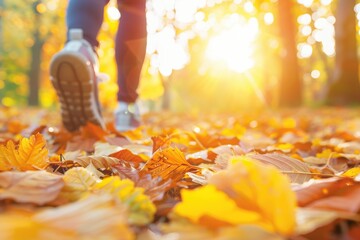 Walking on Golden Autumn Leaves in Sunny Park with Warm Light