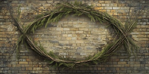 Rustic Evergreen Wreath on Brick Wall Background