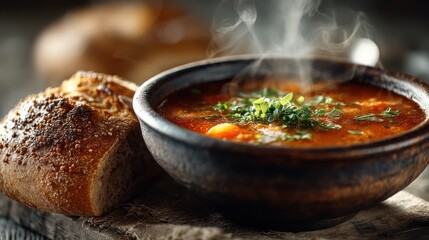 A steaming bowl of soup garnished with herbs, accompanied by a crusty piece of bread, evoking warmth and comfort in a rustic setting.