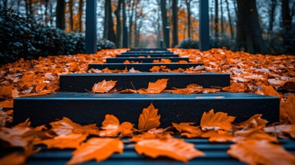 Vibrant Orange Autumn Leaves Blanket Steps on a Serene Forest Path, Low Angle View