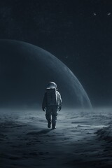 Astronaut in vintage spacesuit walking gracefully on the moon under a dark cosmic sky with distant earth-like planet, stars, and surreal outer space scenery