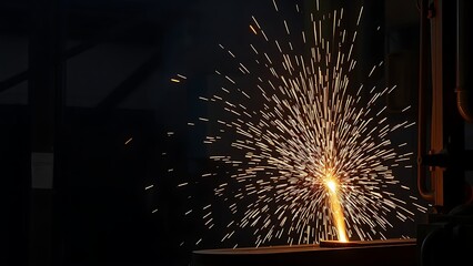 An industrial workshop with glowing sparks, showcasing dynamic energy in a dark environment.