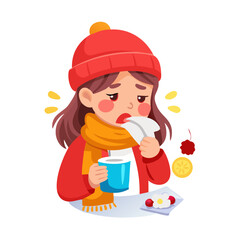 Young girl in red hat and scarf caught cold flu or virus. She has red nose, high temperature and holds napkin. Ways to treat illness. Pills, honey, tea, medicine. Vector isolated objects on ... See Mo