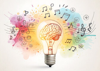 Brain in a lightbulb surrounded by musical notes symbolizing creative musical inspiration and intellectual brainstorming sessions leading to new compositions and musical innovations