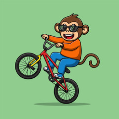 Fototapeta premium Energetic cartoon monkey pops a wheelie on a red bike, dressed in an orange shirt, blue pants, and white sneakers, with black sunglasses and a cheerful grin against a light green backdrop.