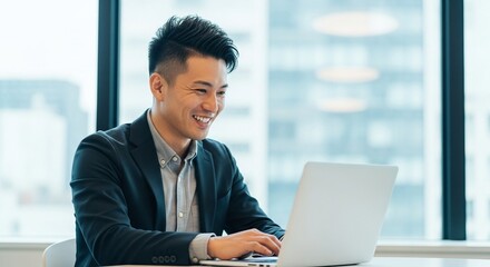 Fototapeta premium Z世代日本人社員が笑顔で仕事に取り組む様子