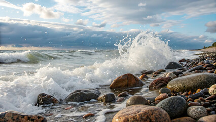 Crashing Waves on Rocky Shoreline An Energetic Display of Coastal Beauty and Natural Power with Dramatic Sky