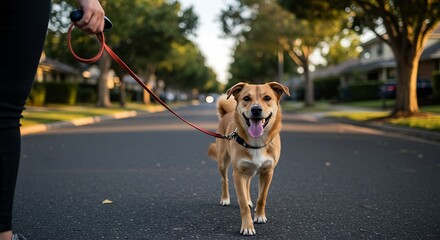 Happy Dog Walking on Leash with Owner on Sunny Suburban Street