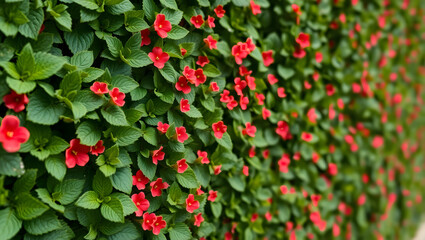 Close up of a wall covered in green leaves and small red flowers creating a vibrant floral display