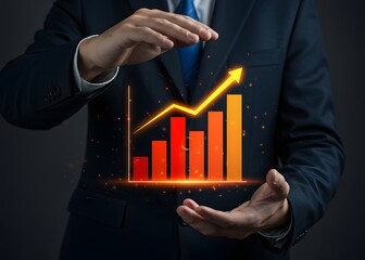 Businessman tries to stop the growth of the red graph. Indicator of high expenses, growth of crime or corruption and other negative news. Rising expenses, economic downturn.