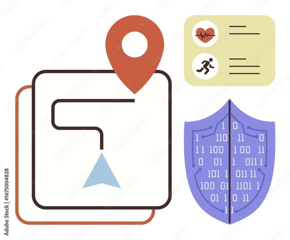 Poster map route with location pin, health metrics with heart rate and activity icons, binary code shield. 