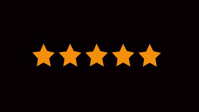 glowing Five star rating icon animated video , isolated on alpha channel background. Animated of 5 stars rating isolated on transparent background with alpha channel in 4K