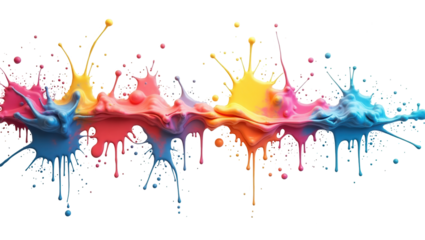 Vibrant, colorful paint splashes create an abstract design against a stark black background.