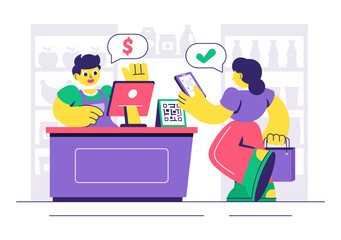 Mobile Payment Vector Illustration featuring Smartphone QR Code Scanning and Smart Wallet Transactions via Credit and Debit Card Applications