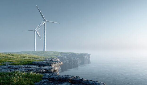 Misty coastal landscape with wind turbines