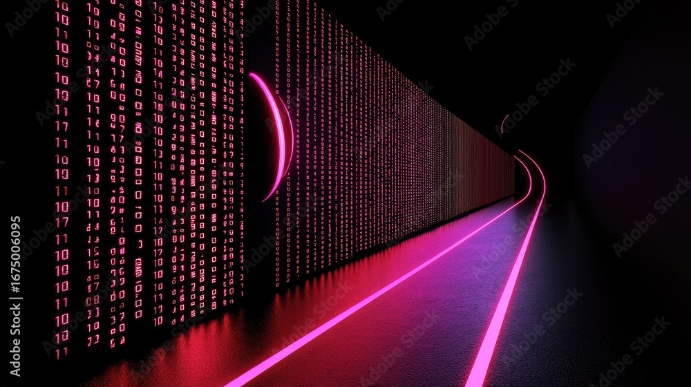 Poster a neon-pink digital code tunnel with glowing binary numbers.