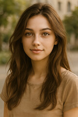 Obraz premium Natural outdoor portrait of a young woman with long brown hair gentle smile and warm hazel eyes standing on a softly blurred city street in daylight with relaxed expression and approachable mood