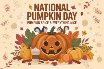 National pumpkin day celebration spread with pies muffins pumpkins and leaves, cozy bakery scene, festive fall food poster vector