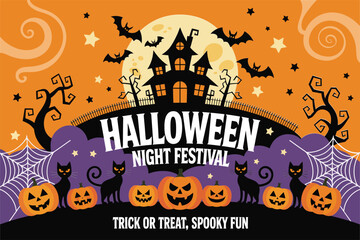 Halloween night festival banner with castle silhouettes and full moon, pumpkins and black cats, spooky party poster, vector illustration