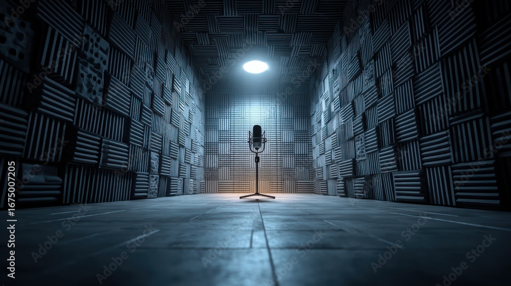Poster a dimly lit recording studio with soundproof walls, featuring a microphone on a stand, creating a pr