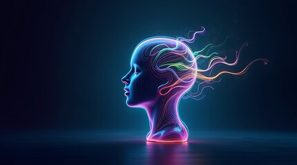 Obraz premium Neon head profile with flowing light trails emanating from the head on a dark background
