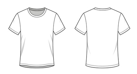 Technical drawing of a plain white t-shirt, front and back views, showing design details. Blank T Shirt color white template front and back view on white background. t-shirt
