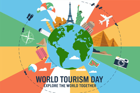 World tourism day vibrant illustration, earth with landmarks planes and luggage, explore the world together concept, adventure travel vector