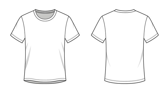 Technical drawing of a plain white t-shirt, front and back views, showing design details. Blank T Shirt color white template front and back view on white background. t-shirt