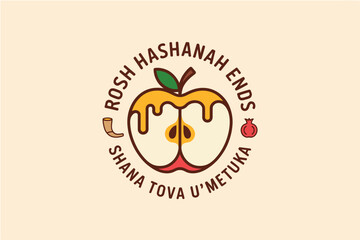 Rosh Hashanah ends emblem with honey apple shape, shana tova u metuka wording, vector label, sticker, greeting badge, holiday design