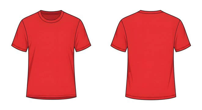 Front and back view of a plain red short-sleeved t-shirt, showcasing a simple, unisex design. Blank T Shirt color red template front and back view on white background. t-shirt