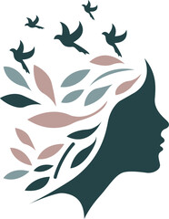 Silhouette of a Woman with Birds and Leaves &ndash; Elegant Nature Inspired Vector Illustration